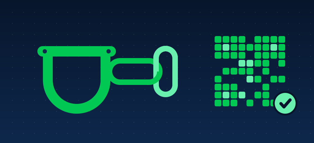 Abstract graphic in dark navy and green showing a shackle, two chain links and a QR code grid with a check mark, suggesting lifting equipment inspection and certificate verification.